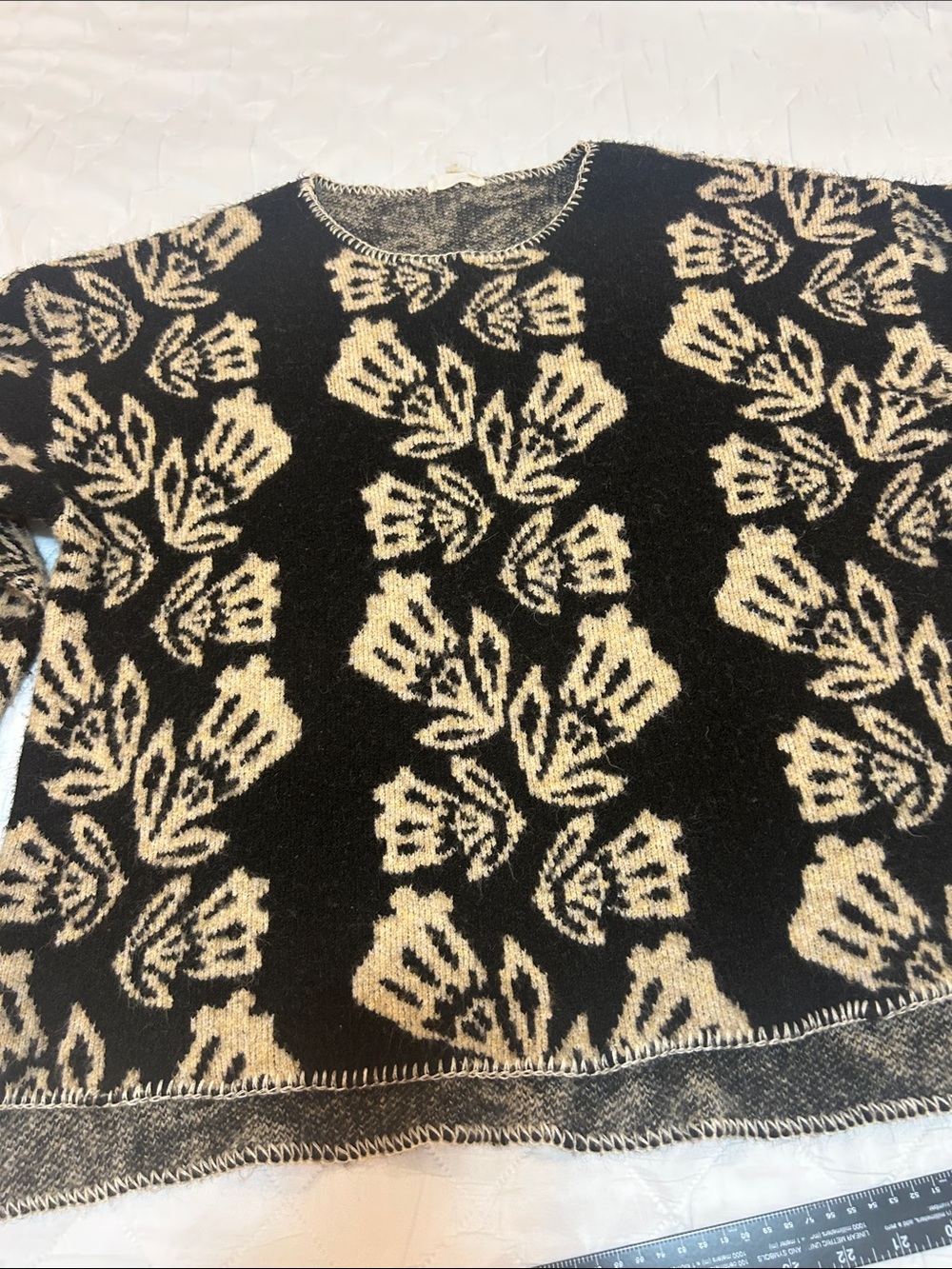 Umgee Black and Cream Floral Crewneck Sweater